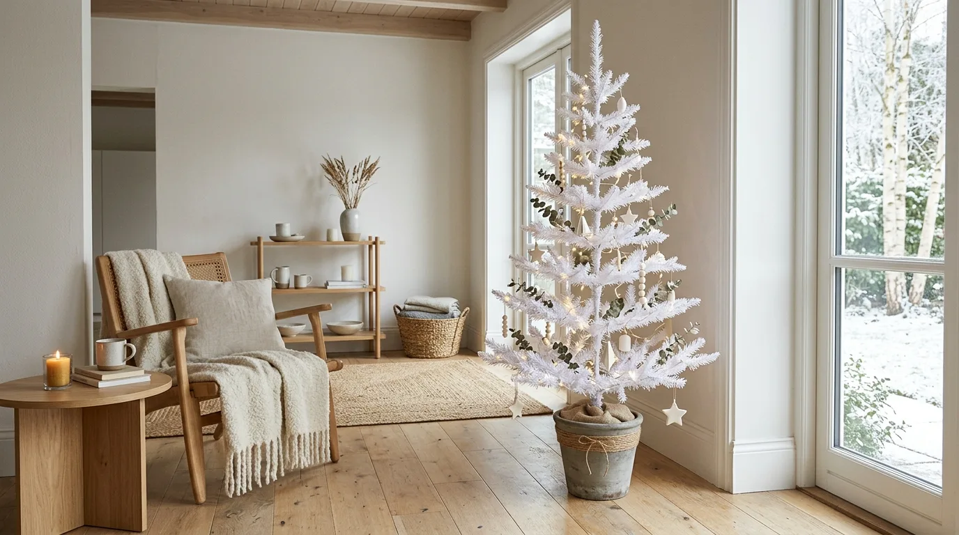 Minimal white Christmas tree in a Scandinavian-inspired room.